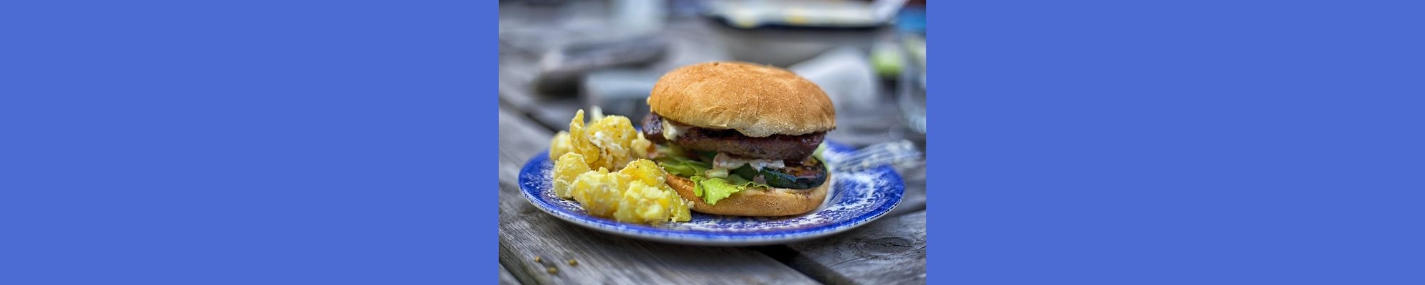 Hamburger and potato salad on plate